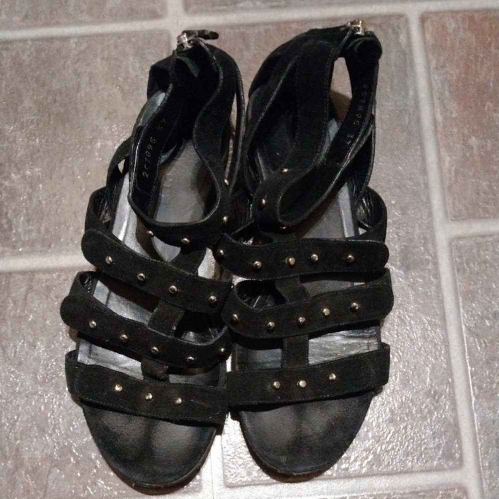 GUCCI Velvet Sandal GLADIATOR Black Suede Studed Studs SANDALS Size 37